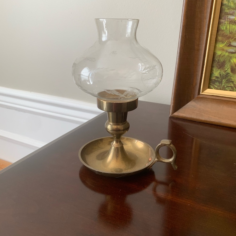 Vintage Brass Candle Holder w/ Etched Glass Globe
